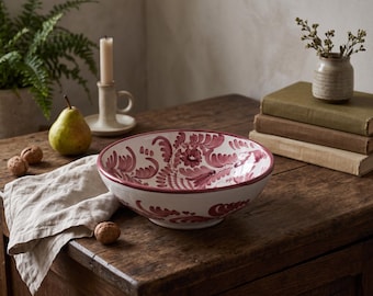 Hand Painted Floral Pottery Bowl, Pink / Red Flowers Serving Dish, Italian Majolica Style Ceramic Bowl, Cottage Kitchen Decor