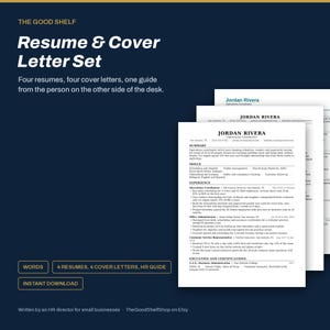 Pode incluir: Um conjunto digital de modelos de currículo e carta de apresentação com quatro currículos, quatro cartas e um guia de RH. O texto inclui THE GOOD SHELF, Resume & Cover Letter Set e Jordan Rivera como nome de exemplo nos documentos.