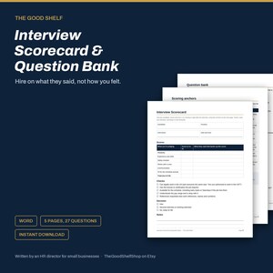 Op de afbeelding: Een digitaal document getiteld Interview Scorecard & Question Bank op een donkerblauwe achtergrond. Het document bevat secties voor kandidaatgegevens, beoordelingscriteria en selectievakjes voor aanwervingsbeslissingen, in totaal 5 pagina's.