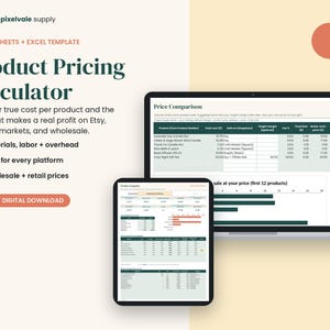 Könnte beinhalten: Eine digitale Produktpreiskalkulationsvorlage für Google Sheets und Excel. Das Display zeigt einen Laptop und ein Tablet mit Datentabellen, Preisvergleichsdiagrammen und dem Text Product Pricing Calculator sowie Instant Digital Download.