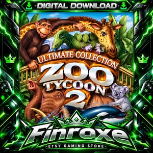 Op de afbeelding: Een digitale downloadafbeelding voor Zoo Tycoon 2 Ultimate Collection met een chimpansee, giraf, dinosaurus, olifant, koala en orka. De tekst luidt Ultimate Collection Zoo Tycoon 2 en Finroxe Etsy Gaming Store, omlijst door groen neon.