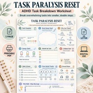 Task Paralysis Worksheet, ADHD Task Breakdown & Task Initiation Printable, Executive Function, Procrastination Reset