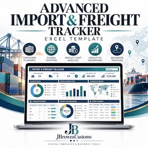 Peut inclure: Un écran d'ordinateur portable affichant le modèle Excel Advanced Import & Freight Tracker. Le tableau de bord présente des visualisations de données, notamment le statut des expéditions, les coûts de fret mensuels et des cartes régionales.