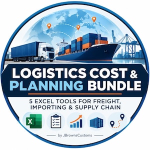 Puede incluir: Un gráfico circular con un camión blanco y un buque de carga sobre un mapa mundial. El texto dice LOGISTICS COST & PLANNING BUNDLE, 5 EXCEL TOOLS FOR FREIGHT, IMPORTING & SUPPLY CHAIN y by JBrownsCustoms, con iconos de Excel, listas, gráficos y envíos.