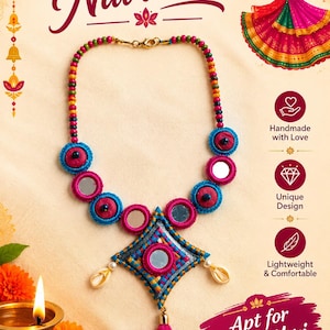 May include: A necklace featuring a central diamond-shaped pendant with a mirror, blue and pink fabric, and two cowrie shells. The chain consists of multi-colored beads and circular fabric-covered accents with mirrors. Text reads Apt for Navrathri.