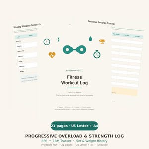 May include: A fitness workout log digital planner featuring a central dumbbell icon, various fitness symbols, and text including Fitness Workout Log, Weekly Workout Schedule, and Personal Records Tracker. The layout includes tables for tracking exercises, weights, and reps on a light background.