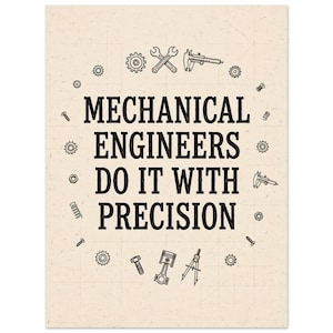 May include: A beige poster with a grid pattern featuring the black text "MECHANICAL ENGINEERS DO IT WITH PRECISION" surrounded by black line art illustrations of gears, wrenches, calipers, bolts, springs, and a piston on a textured background.