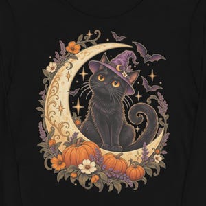 Black Cat Moon Kids Long Sleeve Shirt, Witch Hat Cat Halloween Youth Long Sleeve Tee, Crescent Moon and Pumpkin Tee for Girls and Boys