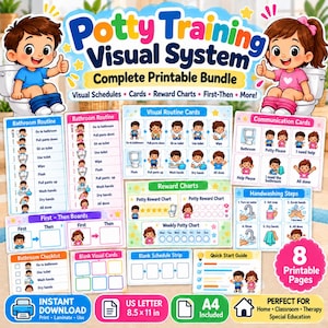 Op de afbeelding: Een printbare set voor een visueel zindelijkheidstraining-systeem met illustraties van kinderen op het toilet, routinekaarten, communicatiekaarten, beloningskaarten, stappenplannen voor handen wassen en 'first-then' borden op 8 pagina's.