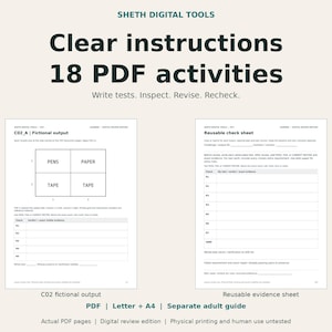 May include: A digital product listing titled Sheth Digital Tools featuring 18 PDF activities. The image displays two document pages: a C02 Fictional output sheet with a four-quadrant grid and a Reusable check sheet with rows for testing and revision.