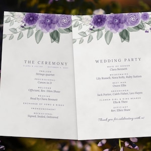 Lavender Wedding Program Template, Lilac Floral Ceremony Program 5x7, Two Sided, Editable Printable Order of Service