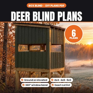 Könnte beinhalten: Ein digitales PDF-Dokument mit dem Titel DEER BLIND PLANS, das eine grüne hölzerne Hochsitzstruktur mit horizontalen Fensterbändern zeigt. Die Grafik enthält den Text: BOX BLIND, DIY PLANS PDF, 6 PLANS, Ground or elevated, 4x4, 4x6, 6x6, 360 window band, Exact cut list.
