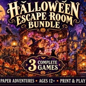 May include: A Halloween Escape Room Bundle game set featuring a vibrant illustration of a witch, a ghost, and jack-o'-lanterns. The text reads: Halloween Escape Room Bundle, 3 Complete Games, Paper Adventures, Ages 12+, Print & Play.