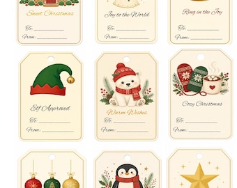24 Christmas Gift Tags Printable, Festive Holiday Wrapping Labels (PDF)