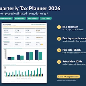 May include: A digital Quarterly Tax Planner 2026 spreadsheet for self-employed individuals. The interface features a Tax Dashboard with financial data, bar charts, and monthly net profit graphs. It includes sections for IRS numbers, safe harbor, set-aside percentages, and 1099 checks, compatible with Excel and Google Sheets.