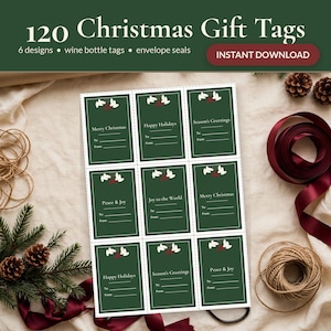 May include: A printable sheet of nine rectangular Christmas gift tags in dark green with white borders. Each tag features a white mistletoe graphic, the text Merry Christmas, Happy Holidays, Season's Greetings, Peace & Joy, or Joy to the World.