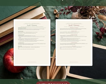 May include: A teacher resume template bundle featuring two distinct document designs on cream-colored paper. The text includes the name Sarah T. Bennett and sections for professional summary, certifications, student teaching, and education.