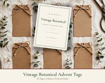 May include: A set of rectangular brown paper tags with jute twine bows, arranged around a central white card featuring the text "Vintage Botanical ADVENT CALENDAR TAGS" in dark green font, surrounded by green eucalyptus sprigs and metal scissors.