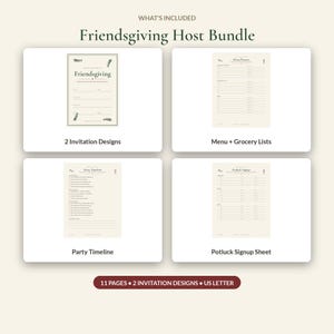 May include: A Friendsgiving Host Bundle featuring 11 pages and 2 invitation designs in US Letter size. The set includes a menu planner, grocery list, party timeline, and potluck signup sheet, all presented with a clean, organized layout.