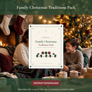 May include: A rectangular Family Christmas Traditions Pack document with a cream background, green and red text, and festive illustrations of ornaments and pine branches. The text reads Family Christmas Traditions Pack, Fernand Field, and more.