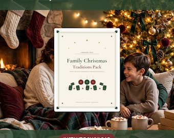 May include: A rectangular Family Christmas Traditions Pack document with a cream background, green and red text, and festive illustrations of ornaments and pine branches. The text reads Family Christmas Traditions Pack, Fernand Field, and more.