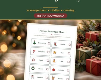 May include: A Christmas Morning Activity Pack printable sheet featuring a Picture Scavenger Hunt with icons for a Christmas tree, stocking, candy cane, star, present, bell, wreath, ornament, snowman, and reindeer, each with a checkbox for tracking.