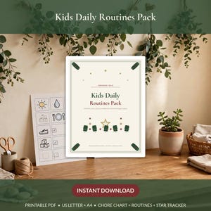 May include: A Kids Daily Routines Pack document featuring a cream background with dark green and red accents. The text reads Kids Daily Routines Pack, Fernand Field, and includes star and tree icons. A separate sheet shows icons for daily tasks.