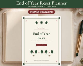 May include: A 16-page printable End of Year Reset planner in US Letter and A4 sizes. The cover features a cream background with dark green text, small tree icons, and the title End of Year Reset, with the years 2026 and 2027 displayed in a maroon box.