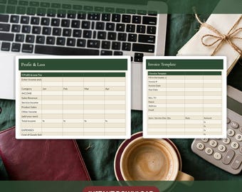 May include: A Small Business Finance Bundle digital template set featuring a Profit & Loss sheet and an Invoice Template with dark green headers and beige cells, displayed alongside a laptop, a calculator, and a coffee cup.