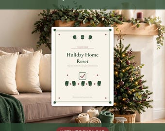 May include: A digital document titled Holiday Home Reset by Fernand Field, featuring a cream background with dark green borders, small tree icons, and a red checkmark icon. The text includes Deep clean checklists for a calm, guest ready holiday home.