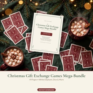 May include: A rectangular document titled The Christmas Gift Exchange Games Mega-Bundle with 49 printable pages, surrounded by scattered red playing cards and two mugs of hot cocoa topped with marshmallows and cinnamon sticks on a dark cloth.