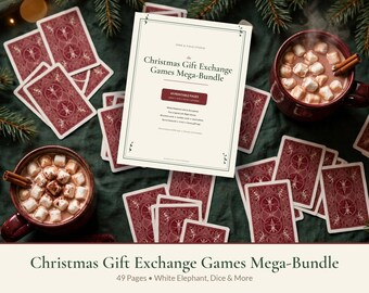 May include: A rectangular document titled The Christmas Gift Exchange Games Mega-Bundle with 49 printable pages, surrounded by scattered red playing cards and two mugs of hot cocoa topped with marshmallows and cinnamon sticks on a dark cloth.