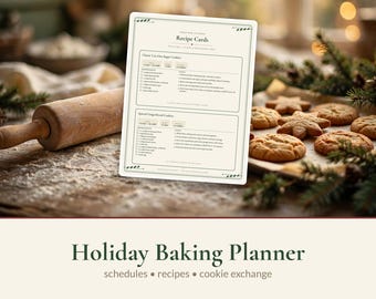 May include: A rectangular recipe card titled Recipe Cards with sections for Classic Cut-Out Sugar Cookies and Spiced Gingerbread Cookies. The card features a cream background with dark green text, borders, and small leaf accents at the corners.