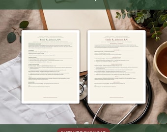 May include: A Nurse Resume Template Bundle featuring two printed resume documents with the name Emily R. Johnson, RN, displayed alongside a stethoscope, a clipboard, and a white scrub top on a neutral fabric surface with the text Nurse Resume Template Bundle.