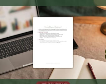 May include: A white digital document titled Notion Finance Dashboard featuring a list of template contents including transactions, budget categories, savings goals, debts, and net worth, along with setup requirements and instructions for use.