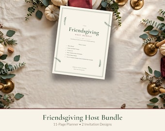 May include: A Friendsgiving Host Bundle planner document with a cream background, dark green text, and leaf accents. The text reads The Friendsgiving Host Bundle, What's Inside, Menu Planner, Guest List, Grocery List, Party Timeline, and Fern & Field Studio.