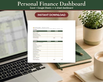 May include: A digital personal finance dashboard template for Excel and Google Sheets featuring a monthly budget table with columns for planned and actual income and expenses, displayed on a laptop screen with a clean, organized layout.