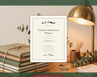 May include: A printable Teacher's School Year Planner document featuring a cream-colored cover with dark green text and minimalist leaf graphics. The text reads Teacher's School Year Planner, undated, and lists planner contents including a calendar.