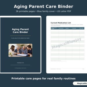 Könnte beinhalten: Ein Pflegeordner für alternde Eltern mit 36 druckbaren Seiten im US-Letter-PDF-Format. Das Deckblatt zeigt den Titel und ein Foto einer Familie, die Dokumente prüft. Die Innenseite enthält eine Tabelle für eine aktuelle Medikamentenliste.