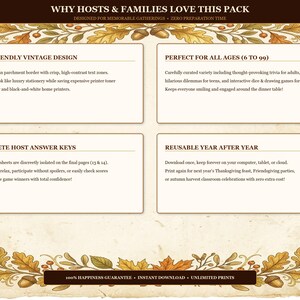 May include: A digital game pack featuring an autumn-themed parchment border with oak leaves and acorns. The text includes: WHY HOSTS & FAMILIES LOVE THIS PACK, INK-FRIENDLY VINTAGE DESIGN, PERFECT FOR ALL AGES (6 TO 99), COMPLETE HOST ANSWER KEYS, and REUSABLE YEAR AFTER YEAR.