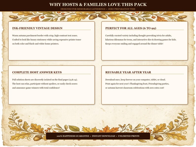 May include: A digital game pack featuring an autumn-themed parchment border with oak leaves and acorns. The text includes: WHY HOSTS & FAMILIES LOVE THIS PACK, INK-FRIENDLY VINTAGE DESIGN, PERFECT FOR ALL AGES (6 TO 99), COMPLETE HOST ANSWER KEYS, and REUSABLE YEAR AFTER YEAR.