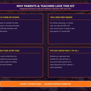 May include: A dark purple informational graphic with orange borders featuring text about a Halloween party game kit. Sections include Print at Home, Zero Prep Needed, Reusable Year After Year, and Fits Any Group Size, with a bottom button for Instant Lifetime Access.