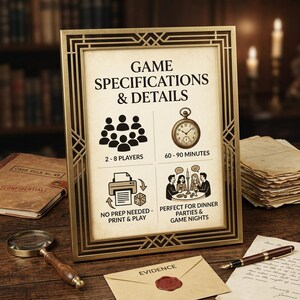 May include: A gold-toned rectangular frame containing a sign titled GAME SPECIFICATIONS & DETAILS. The sign features icons for 2-8 players, a pocket watch for 60-90 minutes, a printer with dice, and a group of people at a dinner table.