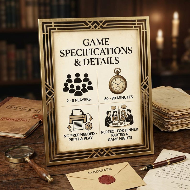 May include: A gold-toned rectangular frame containing a sign titled GAME SPECIFICATIONS & DETAILS. The sign features icons for 2-8 players, a pocket watch for 60-90 minutes, a printer with dice, and a group of people at a dinner table.