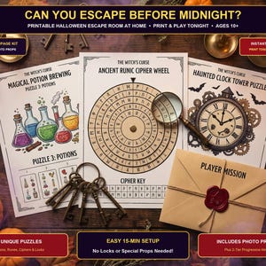 May include: A printable Halloween escape room kit titled The Witch's Curse, featuring three pages with a potion brewing puzzle, an ancient runic cipher wheel, and a haunted clock tower puzzle, plus a sealed envelope and antique-style metal keys.