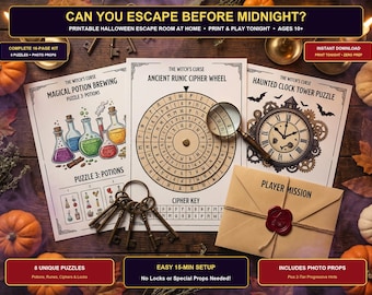 May include: A printable Halloween escape room kit titled The Witch's Curse, featuring three pages with a potion brewing puzzle, an ancient runic cipher wheel, and a haunted clock tower puzzle, plus a sealed envelope and antique-style metal keys.