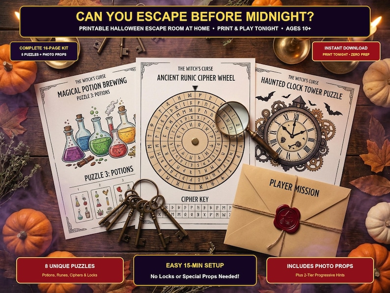 May include: A printable Halloween escape room kit titled The Witch's Curse, featuring three pages with a potion brewing puzzle, an ancient runic cipher wheel, and a haunted clock tower puzzle, plus a sealed envelope and antique-style metal keys.