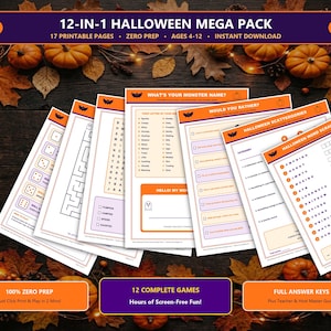 May include: A 12-in-1 Halloween mega pack of 17 printable pages featuring games like word scrambles, scattergories, mazes, and monster name generators. The white sheets have orange and purple borders with bat icons and include answer keys.