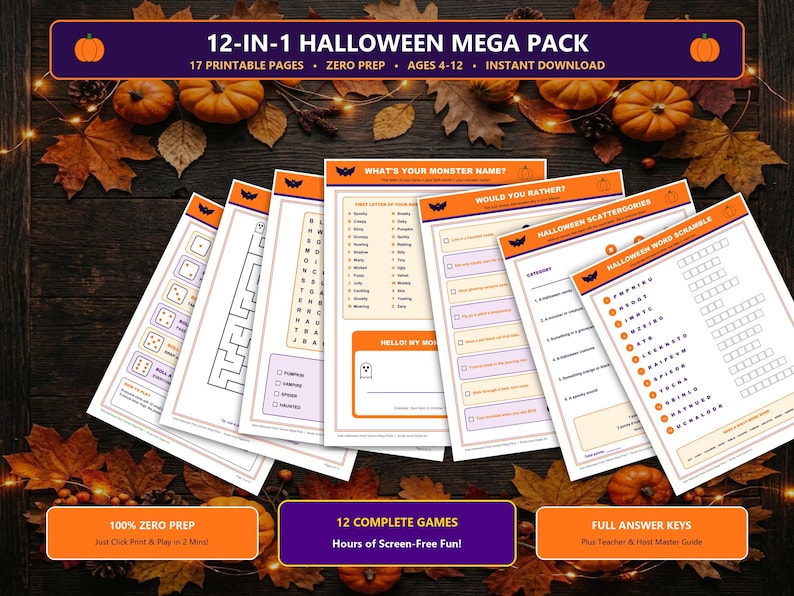 May include: A 12-in-1 Halloween mega pack of 17 printable pages featuring games like word scrambles, scattergories, mazes, and monster name generators. The white sheets have orange and purple borders with bat icons and include answer keys.