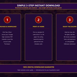 May include: A dark purple infographic with three numbered steps in red circles. Step 1: Purchase and download a 16-page PDF. Step 2: Print on 8.5x11 inch paper. Step 3: Enjoy the escape game. Includes a 100% digital download guarantee for high-resolution files.